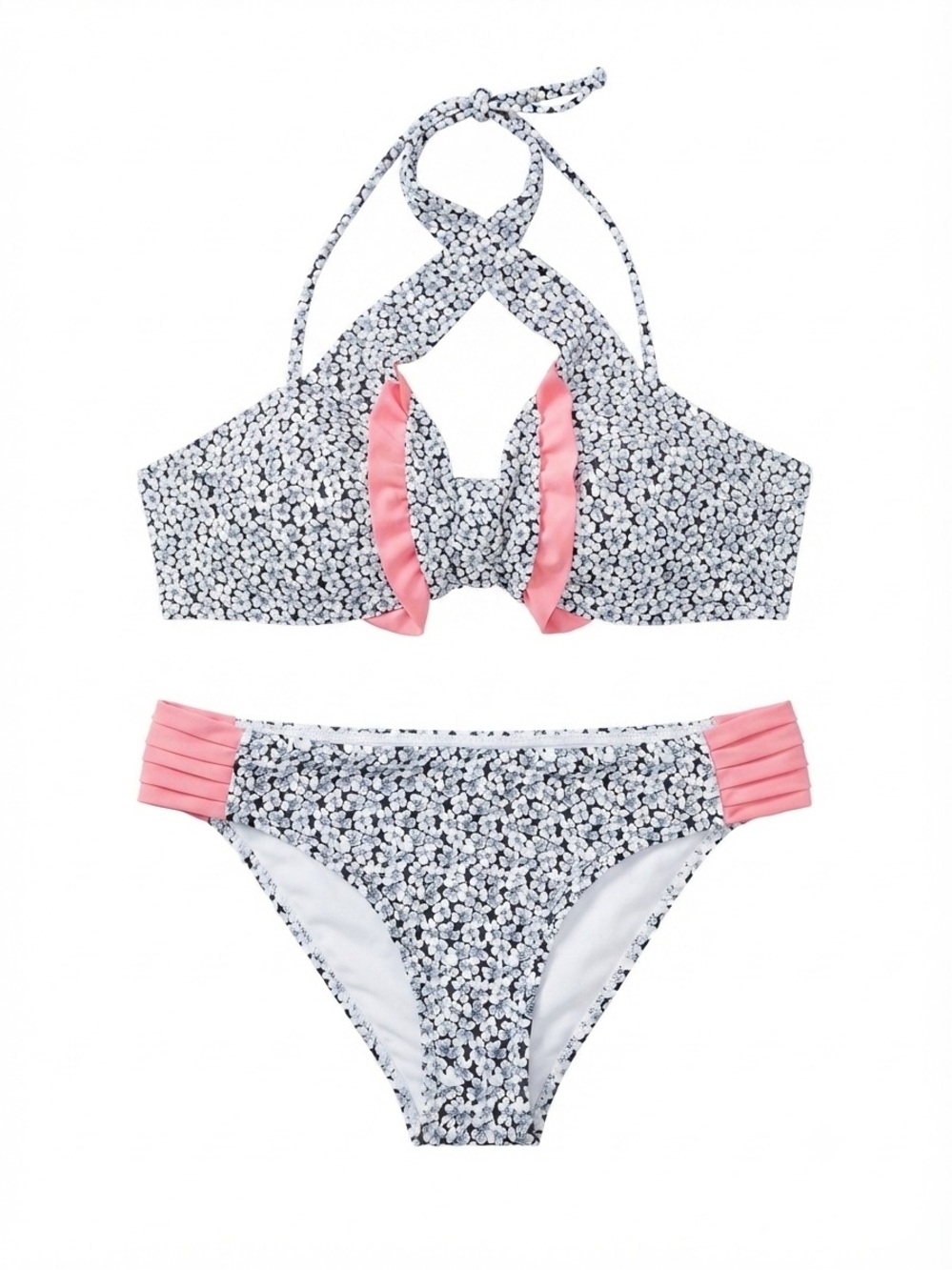 Girls Floral Two-Piece Halter Bikini with Pink Trim